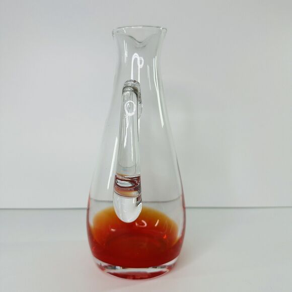 Clear Red Base Art Glass Pitcher Barware Cocktail Party Water Heavy READ - Picture 2 of 13